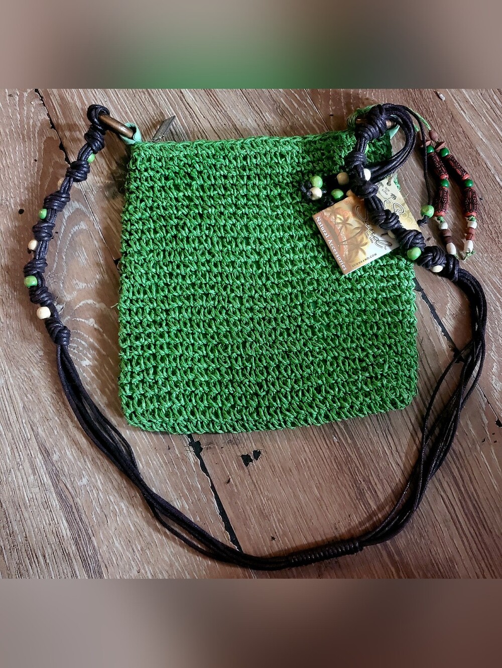 Handwoven Green Sun N' Sand Crossbody Bag With Wooden Beads & O Rings
